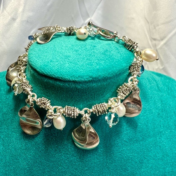 Bracelet w/ Pearl & blue topaz Charms by Michael Dawkins sterling silver.